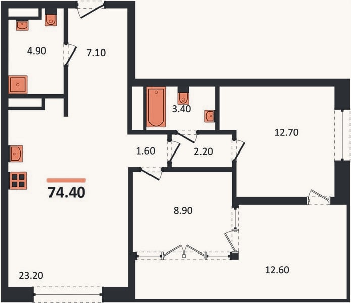 Планировка: 2-к, 74,4 м²