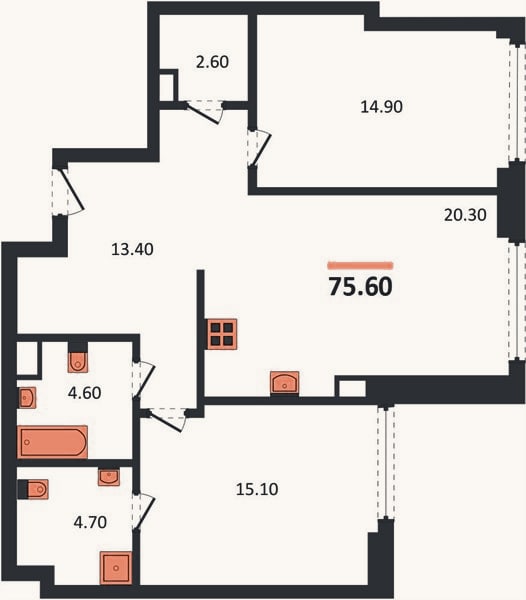 Планировка: 2-к, 75,6 м²