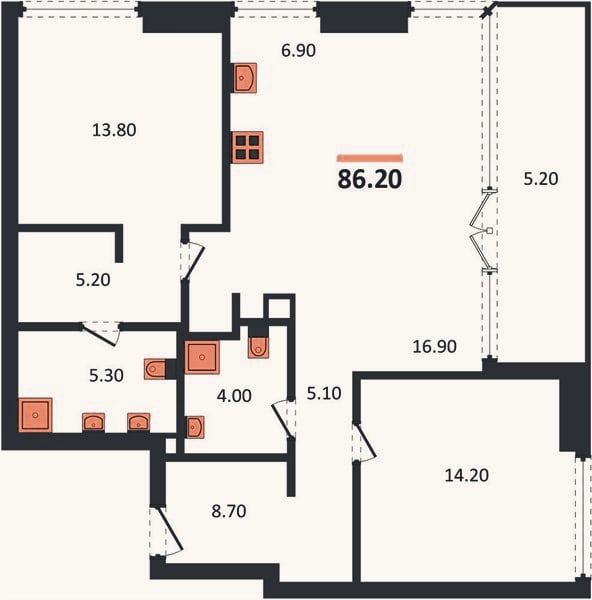 Планировка: 2-к, 86,2 м²
