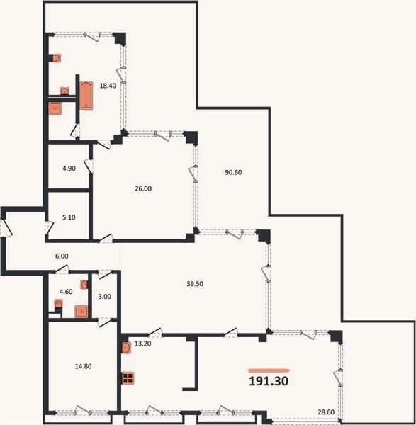 Планировка: 2-к, 191,3 м²