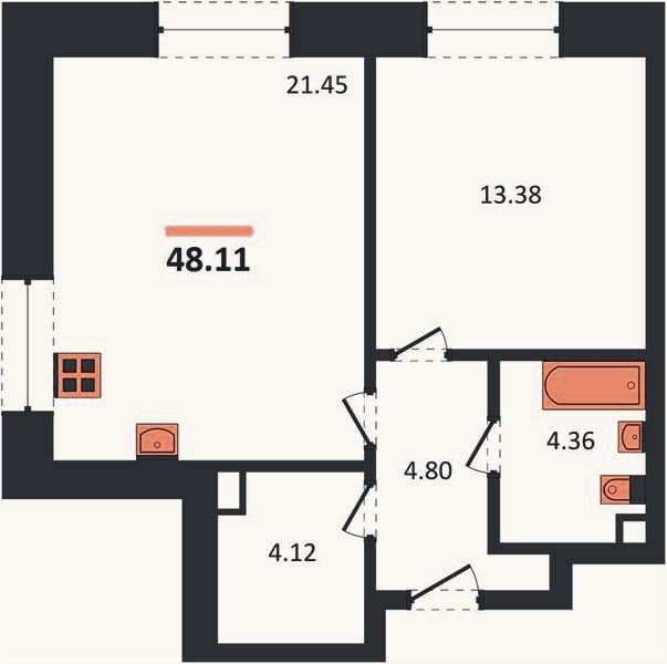 Планировка: 1-к, 48,1 м²