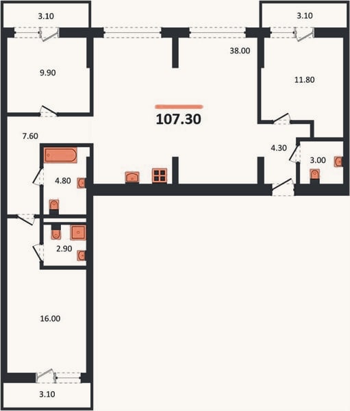 Планировка: 3-к, 107,3 м²