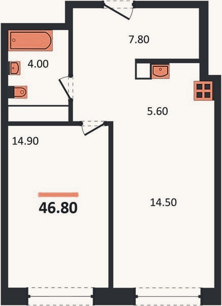 Планировка: 1-к, 46,8 м²