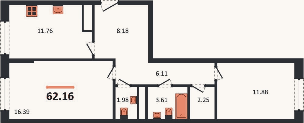 Планировка: 2-к, 62,2 м²