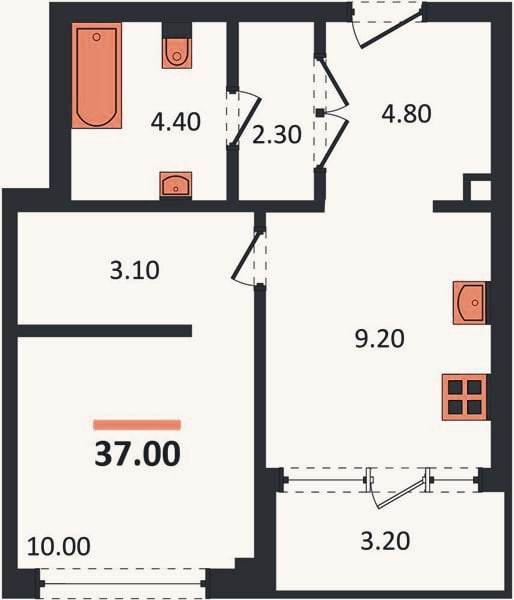 Планировка: 1-к, 37 м²