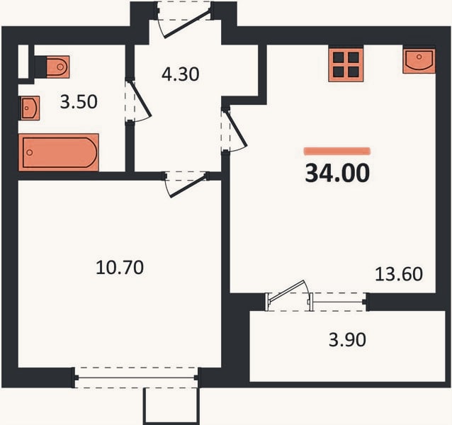 Планировка: 1-к, 34 м²