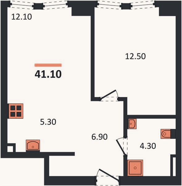 Планировка: 1-к, 41,1 м²
