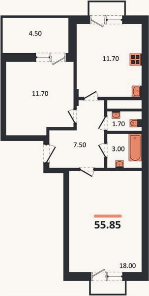 Планировка: 2-к, 55,9 м²