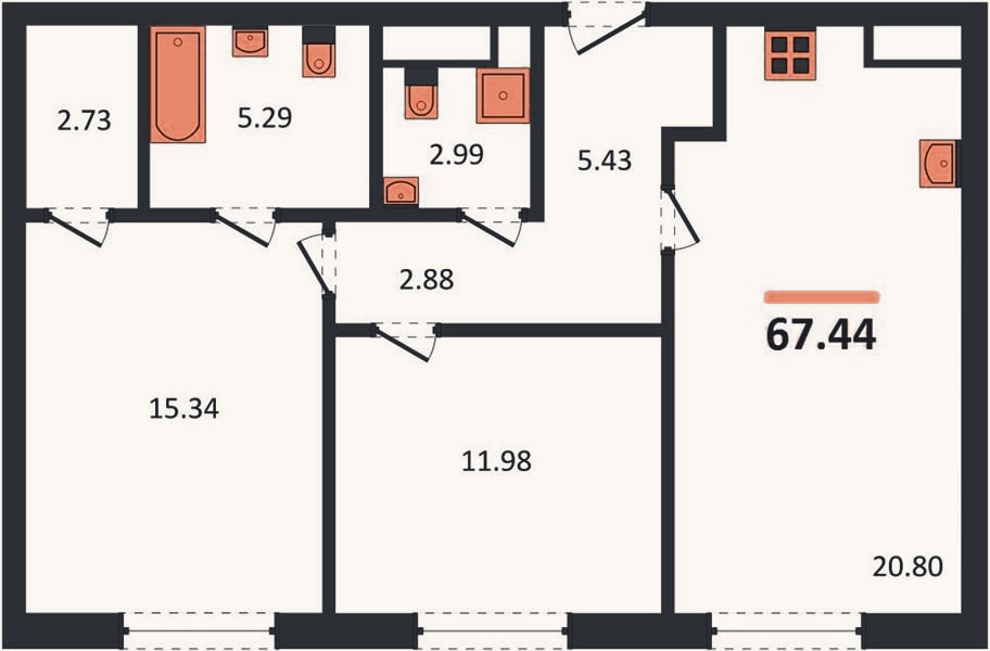 Планировка: 2-к, 67,4 м²
