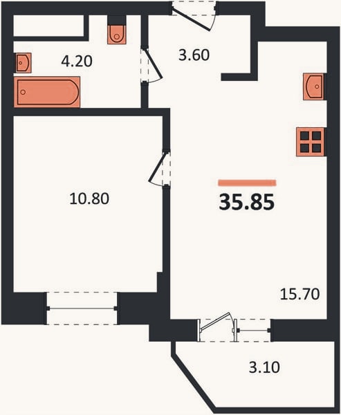 Планировка: 1-к, 35,9 м²