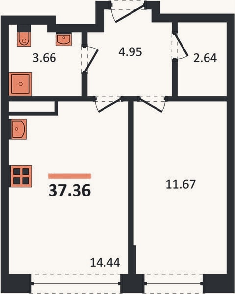 Планировка: 1-к, 37,4 м²