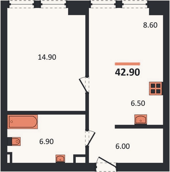 Планировка: 1-к, 42,9 м²