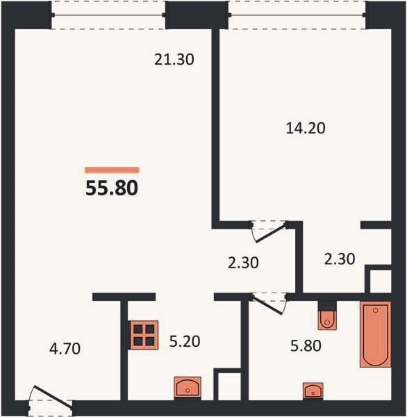 Планировка: 1-к, 55,8 м²