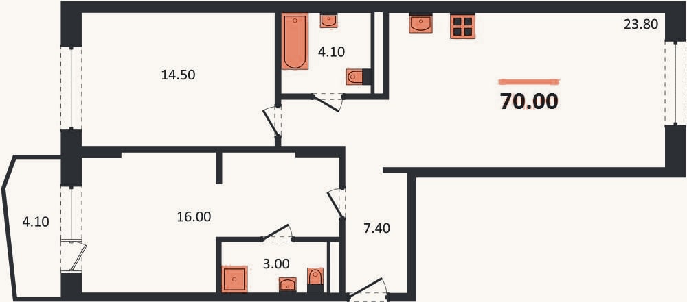 Планировка: 2-к, 70 м²