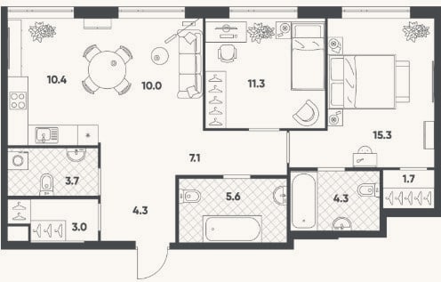 Планировка: 2-к, 76,8 м²