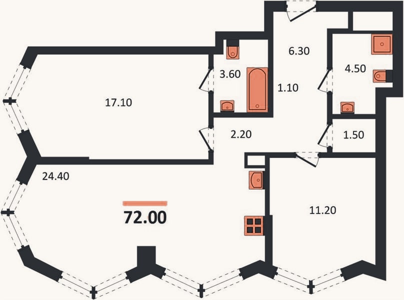 Планировка: 2-к, 72 м²