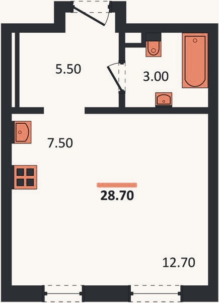 Планировка: Студия, 28,7 м²