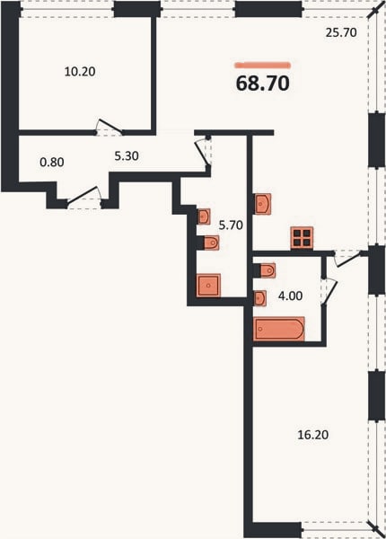 Планировка: 2-к, 68,7 м²