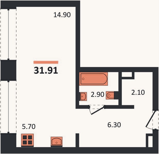 Планировка: Студия, 31,9 м²
