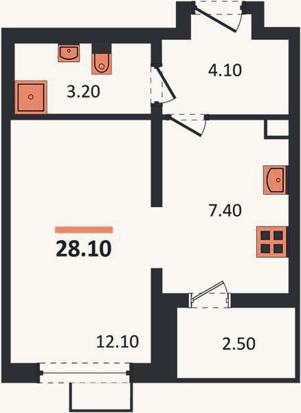 Планировка: 1-к, 28,1 м²