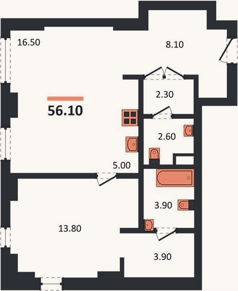 Планировка: 1-к, 56,1 м²