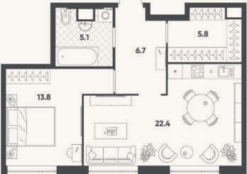 Планировка: 1-к, 53,9 м²