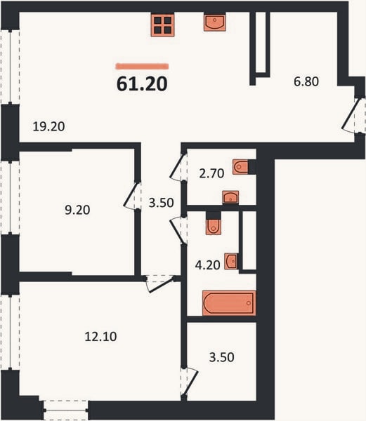 Планировка: 2-к, 61,2 м²
