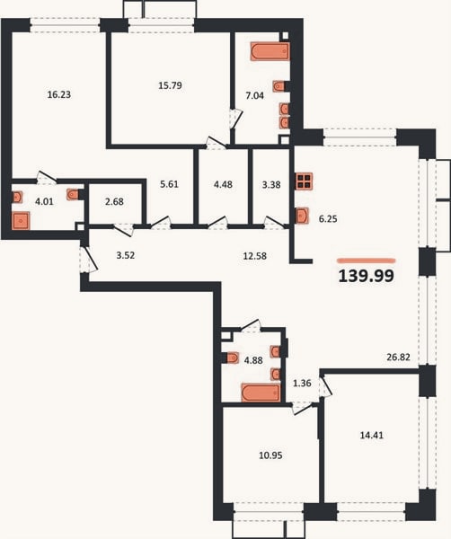 Планировка: 4+ к, 140 м²