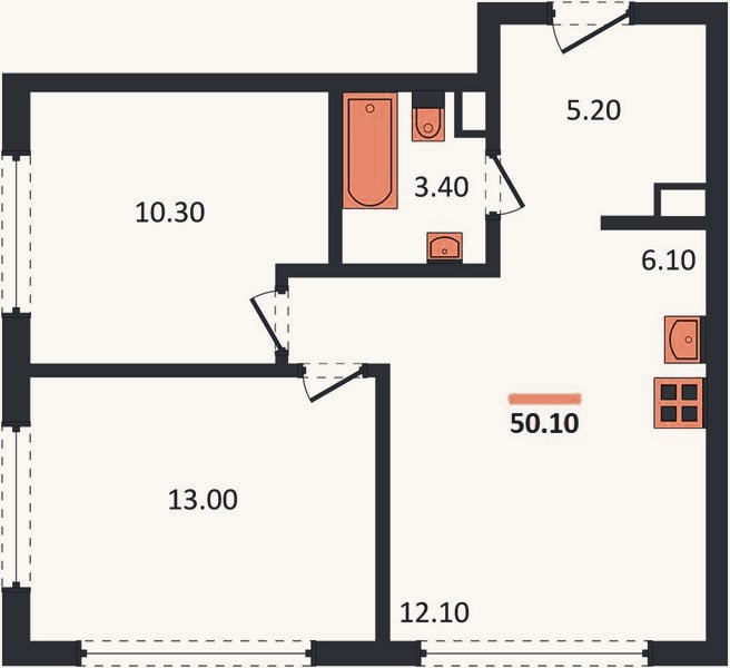 Планировка: 2-к, 50,1 м²