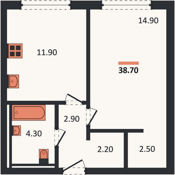 Планировка: 1-к, 38,7 м²