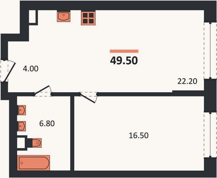 Планировка: 1-к, 49,5 м²