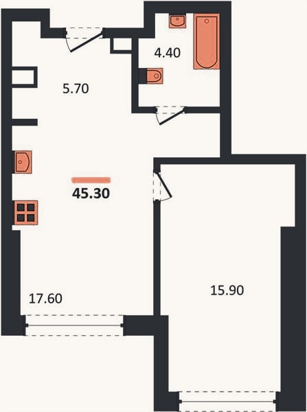 Планировка: 1-к, 45,3 м²