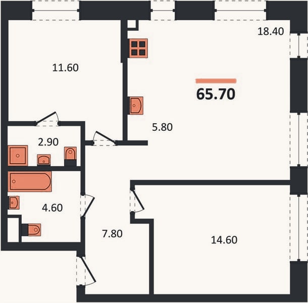 Планировка: 2-к, 65,7 м²