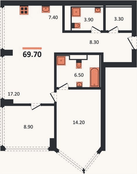 Планировка: 2-к, 69,7 м²