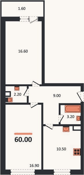 Планировка: 2-к, 60 м²