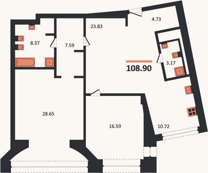 Планировка: 2-к, 108,9 м²