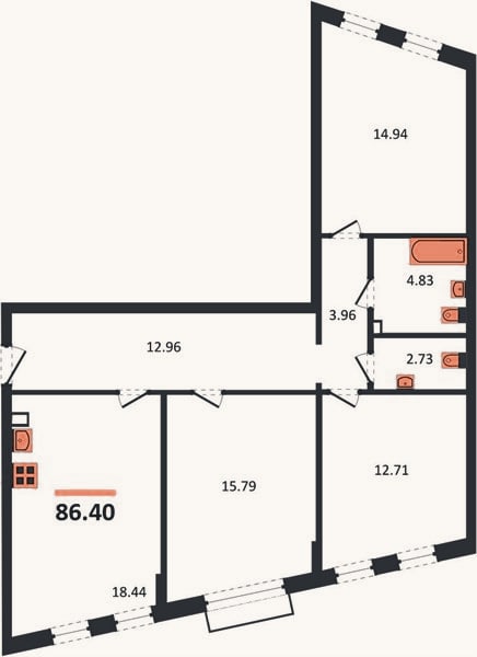 Планировка: 3-к, 86,4 м²
