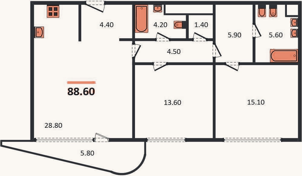 Планировка: 2-к, 88,6 м²