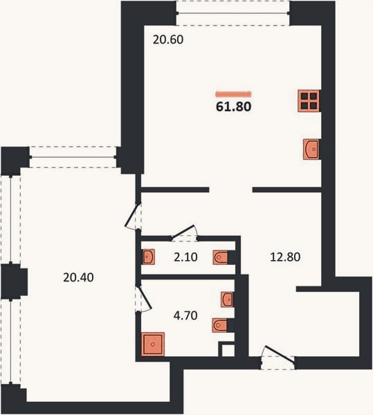 Планировка: 1-к, 61,8 м²