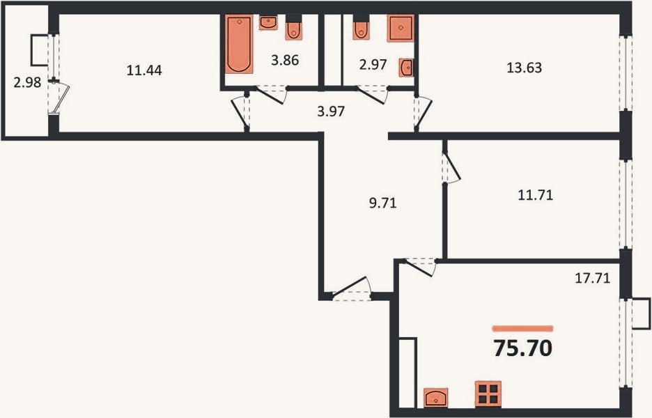 Планировка: 3-к, 75,7 м²