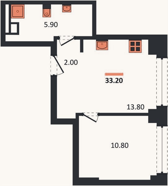 Планировка: 1-к, 33,2 м²