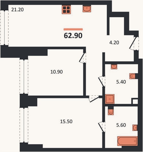 Планировка: 2-к, 62,9 м²