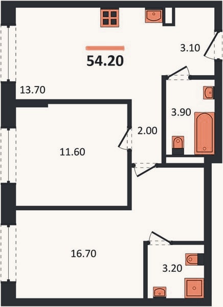 Планировка: 2-к, 54,2 м²