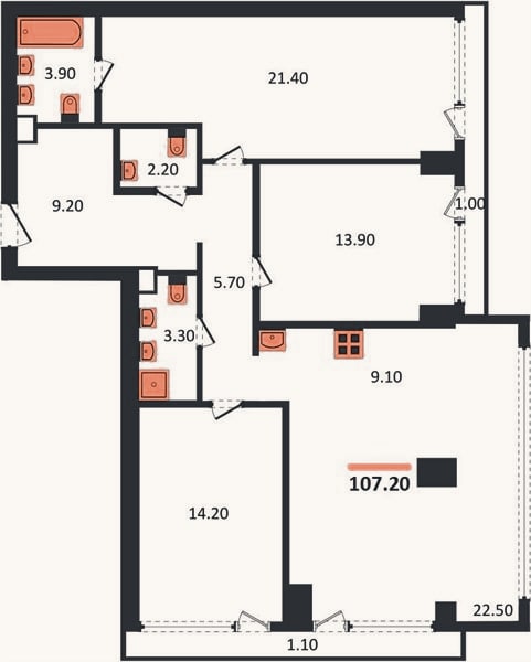 Планировка: 3-к, 107,2 м²