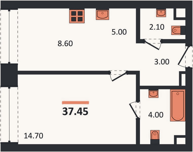 Планировка: 1-к, 37,5 м²
