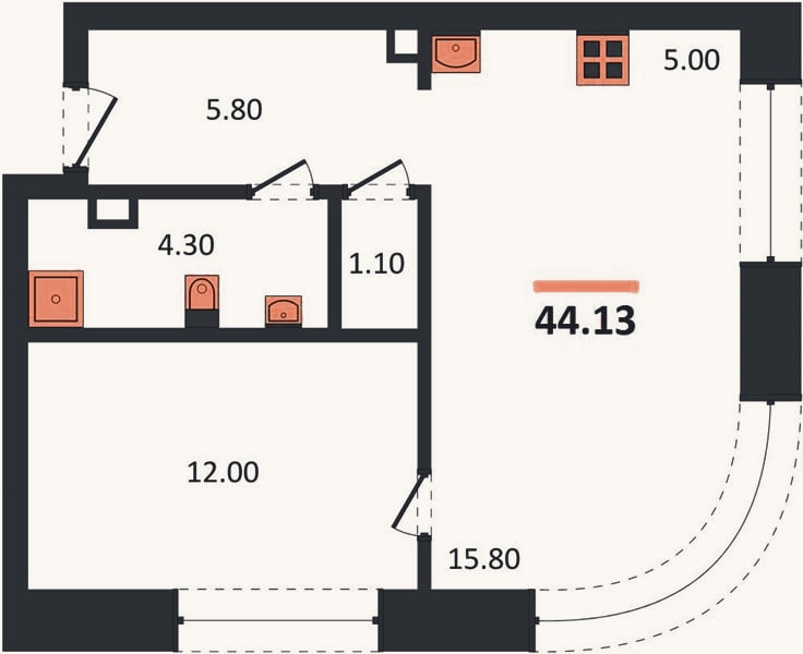 Планировка: 1-к, 44,1 м²