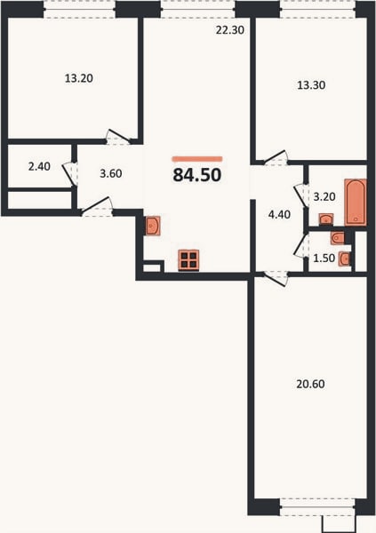 Планировка: 3-к, 84,5 м²