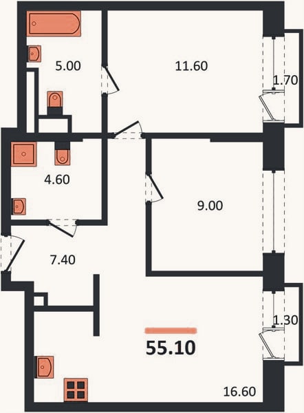 Планировка: 2-к, 55,1 м²