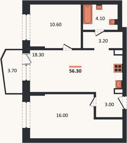 Планировка: 2-к, 56,3 м²