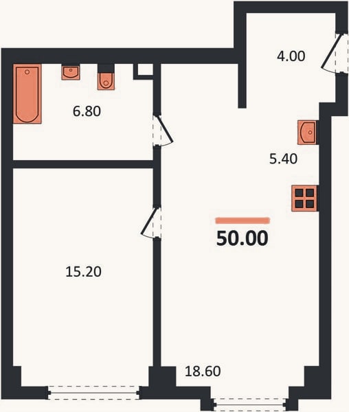 Планировка: 1-к, 50 м²